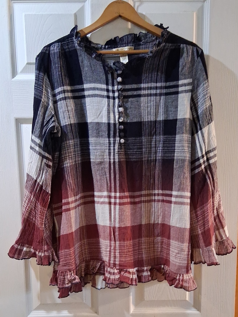 Studio West Plaid Ruffle-Hem Button Front Blouse - Navy, White & Burgundy